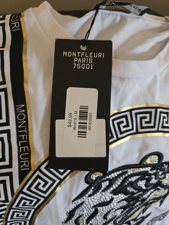 Montfleuri Paris White Graphic Short Sleeve Tee with Black and Gold Accents - Picture 5 of 6